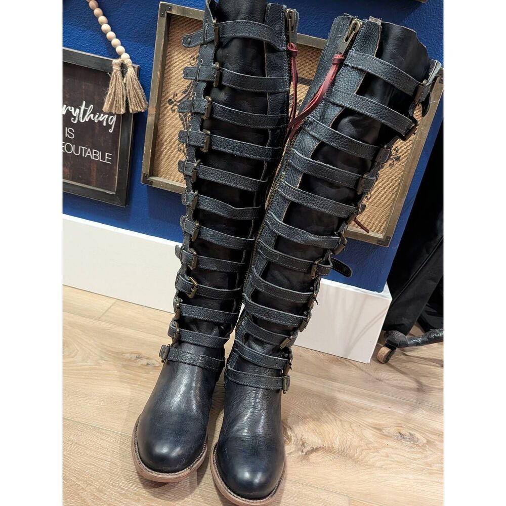 Freebird by Steven Rylan Boots Navy Buckles Boho Steampunk Western Womens 9 RARE - Picture 5 of 9